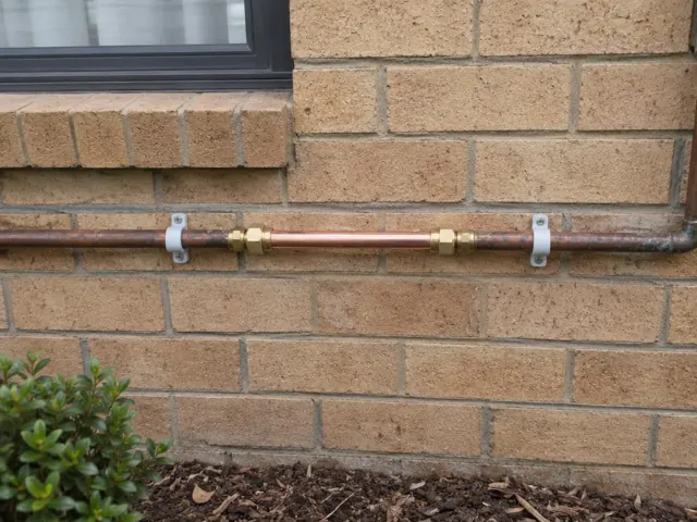 Repaired copper water pipe on a brick exterior wall beneath a window in Chisholm